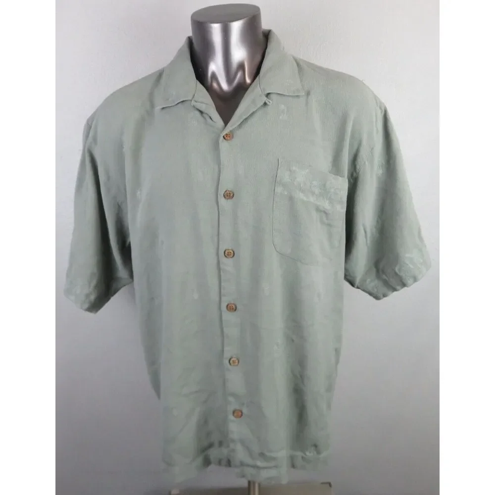 Mens Tommy Bahama Hawaiian Button Front Shirt Size XL Green Pineapple Palm Tree - Picture 1 of 7